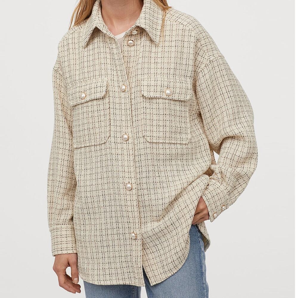H&M Button-Up Tweed Shacket Women's Oversized XS Beige/White Long Sleeves